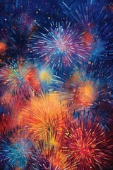 Sticker - close-up of colorful fireworks in night sky, created with generative ai