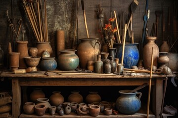 Poster - aged pottery tools displayed on a rustic table, created with generative ai