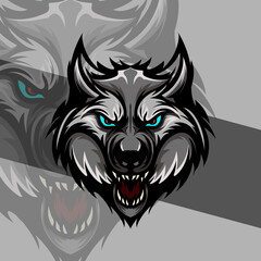 Wall Mural - Head of a angry wolf mascot sport logo design. Wolf animal mascot head vector illustration logo. Wolf head emblem design for eSports team. Character for sport and gaming logo concept..