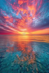 Wall Mural - vibrant sunset over a calm ocean horizon, created with generative ai