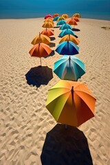 Wall Mural - colorful beach umbrellas casting shadows on the sand, created with generative ai