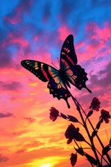 Poster - butterfly silhouette against a colorful sunset sky, created with generative ai