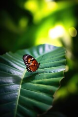 Sticker - butterfly resting on a leaf with a blurred background, created with generative ai