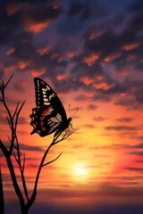 Wall Mural - silhouette of a butterfly against a sunset sky, created with generative ai