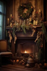 Sticker - warm fireplace with stockings and garland, created with generative ai