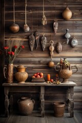 Wall Mural - festive ornaments hanging on a rustic wooden wall, created with generative ai