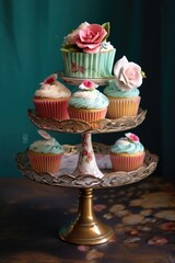 Poster - artfully decorated cupcakes on a vintage stand, created with generative ai