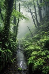 Wall Mural - misty morning in a lush, green forest, created with generative ai