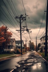 Canvas Print - broken power lines on a stormy street, created with generative ai