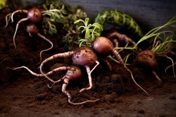 Canvas Print - healthy organic soil with earthworms and roots, created with generative ai