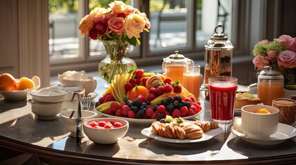 Wall Mural - An elegant breakfast tray with a croissant, fresh berries, and a teapot, overlooking a city. Generative AI.