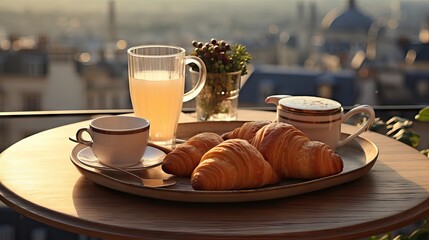 Wall Mural - An elegant breakfast tray with a croissant, fresh berries, and a teapot, overlooking a city. Generative AI.