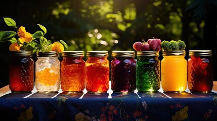 Sunlight illuminating glass jars of homemade jam, showcasing their rich and colorful contents. Generative AI.