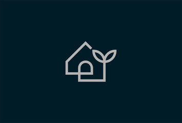 Home Logo, minimalist home with leaf in line art, vector illustration