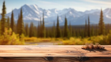 Wall Mural - The empty wooden table top with blur background of Alaska nature. Generative AI image AIG30.