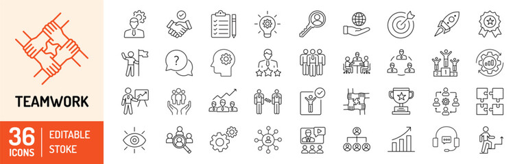 teamwork editable stroke outline icons set. business team, management, discussion, interaction, coll