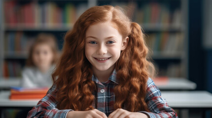 Create a portrait of a girl with smooth red hair sitting in a classroom