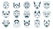 Japanese Traditional Masks Collection Set. Ancient Korean Mask Elements Set Vector Illustration