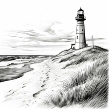 Sand Dunes On A Scandinavian Beach With Lyme Grass, Nordic Sea Shore With Lighthouse, Black And White Ink Drawing, Hand Drawn Illustration