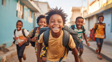 Happy Smiling Group Of Young Children With Backpacks Are Walking To School On The Dusty Street. Back To School. Generative Ai.