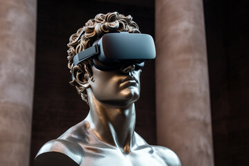 Technology, history and fine-art concept. Roman man sculpture wearing virtual reality goggles. Bust of male with glasses. Generative AI