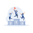 © Alwie99d - People standing on the podium rank first three places, jumps in the air with trophy cup, flat vector modern illustration