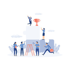 People working on their role with business woman cheering up by big gold trophy on the puzzle elements, flat vector modern illustration