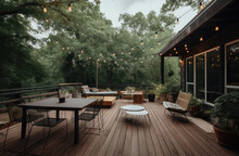 Large Backyard Featuring A Backyard Surrounded By Trees And String Lights