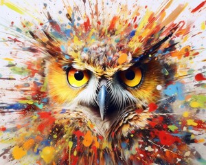 Wall Mural - owl  form and spirit through an abstract lens. dynamic and expressive owl print by using bold brushstrokes, splatters, and drips of paint. owl raw power and untamed energy