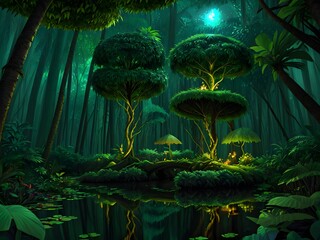 Poster - Tropical night forest with magic lights, Generative AI Illustration