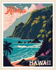 aloha hawaii travel poster in retro style. exotic tropical ocean beach landscape with mountains and 
