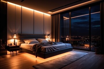 penthouse bedroom at night, dark gloomy, A room with a view of the city from the bed, generative ai
