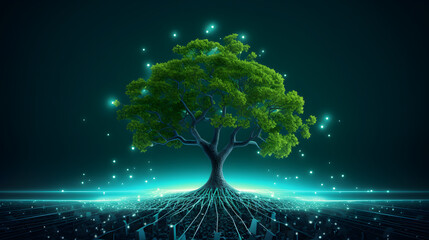 Wall Mural - growing internet startup , with green tree growing from network of data and information