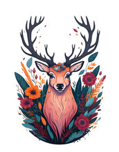 Cute Deer Face With Tiny Flowers, Ai Generated