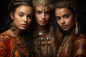 Beautiful young womans posing in tribal clothing and jewelry. Made with Generative AI