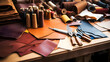 Leather craft or leather working. Selected pieces of beautifully colored or tanned leather on leather craftman's work desk