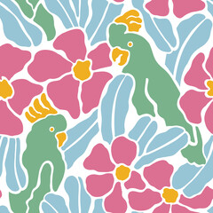  Seamless pattern with parrots sitting on branches with flowers. In flat retro style.