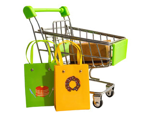 Canvas Print - Supermarket cart with cardboard box and bags, isolated on blank background.