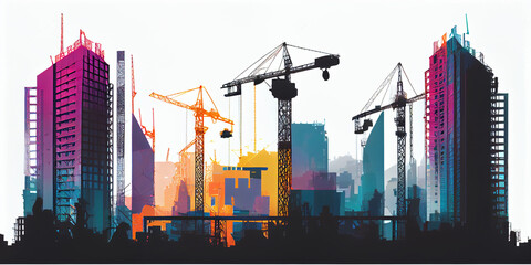 Wall Mural - Construction site silhouette, cranes and houses isolated on white. AI generated.