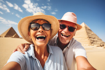 Wall Mural - Happy elderly couple tourists take a selfie against the backdrop of the Egyptian pyramids. Travel retirement concept. AI generated.