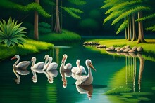 Pelicans On The Water  Generated Ai