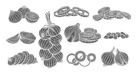 Wall Mural - Onion glyph icons set vector illustration. Stamps of whole vegetable and raw shallot bulb cut into rings and slices, different pieces and cubes, food ingredient for cooking French onion soup chutney