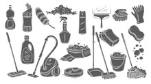 Cleaning Service Glyph Icons Set Vector Illustration. Stamp Of Manual Tools And Equipment To Clean House Collection With Mop And Broom, Liquid Detergent Bottles And Vacuum Cleaner, Cleaning Sponge