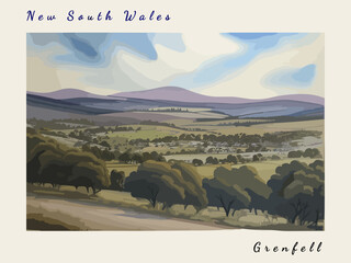 Wall Mural - Grenfell: Postcard design with a scene in Australia and the city name Grenfell