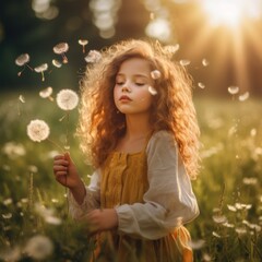 Sticker - A little girl blowing a dandelion in a field. Generative AI image.