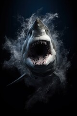 Poster - A great white shark with its mouth open jumping off the water. Generative AI image.