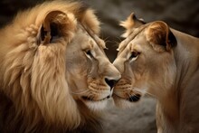 Portrait Of Lion With Lioness In Mood For Love Close Up. Lion Couple Face To Face. Lion Couple Having A Sweet Moment Together