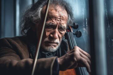 Poster - A man playing a cello in front of a window. Generative AI image.