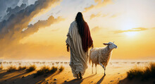 Jesus Walking In The Desert With Sheep. Generative AI