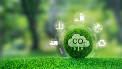 CO2 emission reduction concept with environmental icons, global warming, sustainable development and renewable energy green business background.